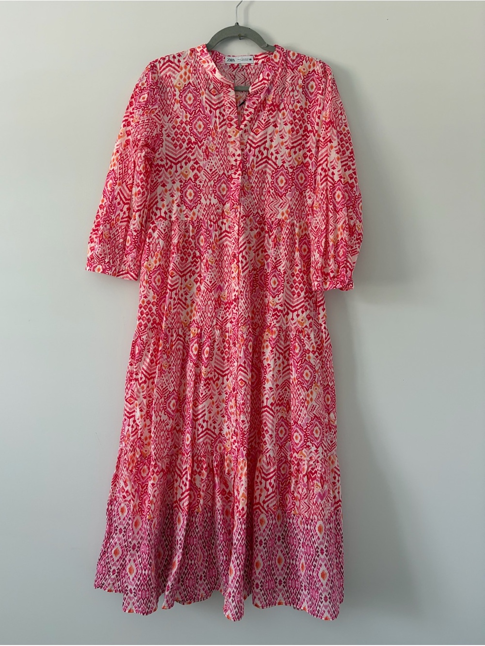 Zara Pink Red Ikat Geometric Print 3/4 Sleeve Tiered Skirt Boho Maxi Dress NWOT